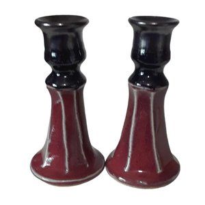Pottery Candlesticks Red Burgundy and Black Signed Fox Pass
